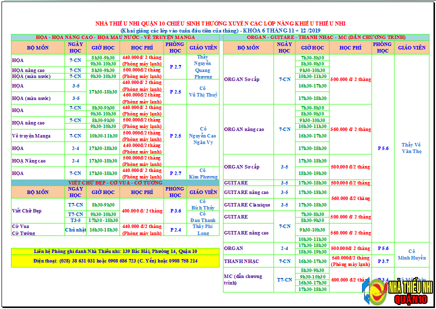 Lịch học các lớp năng khiếu khoá 6 (tháng 11, 12/2019)