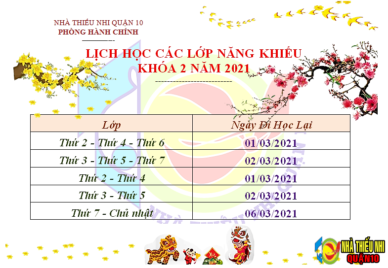 Lịch học các lớp năng khiếu khóa 2/2021