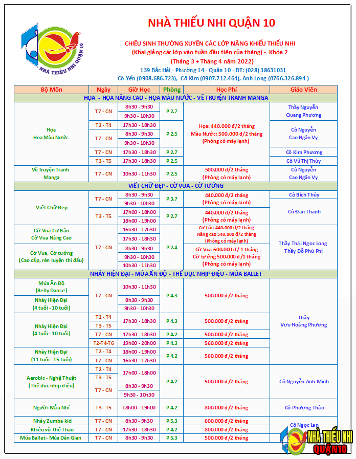 Lịch chiêu sinh các lớp năng khiếu khóa 2/2022